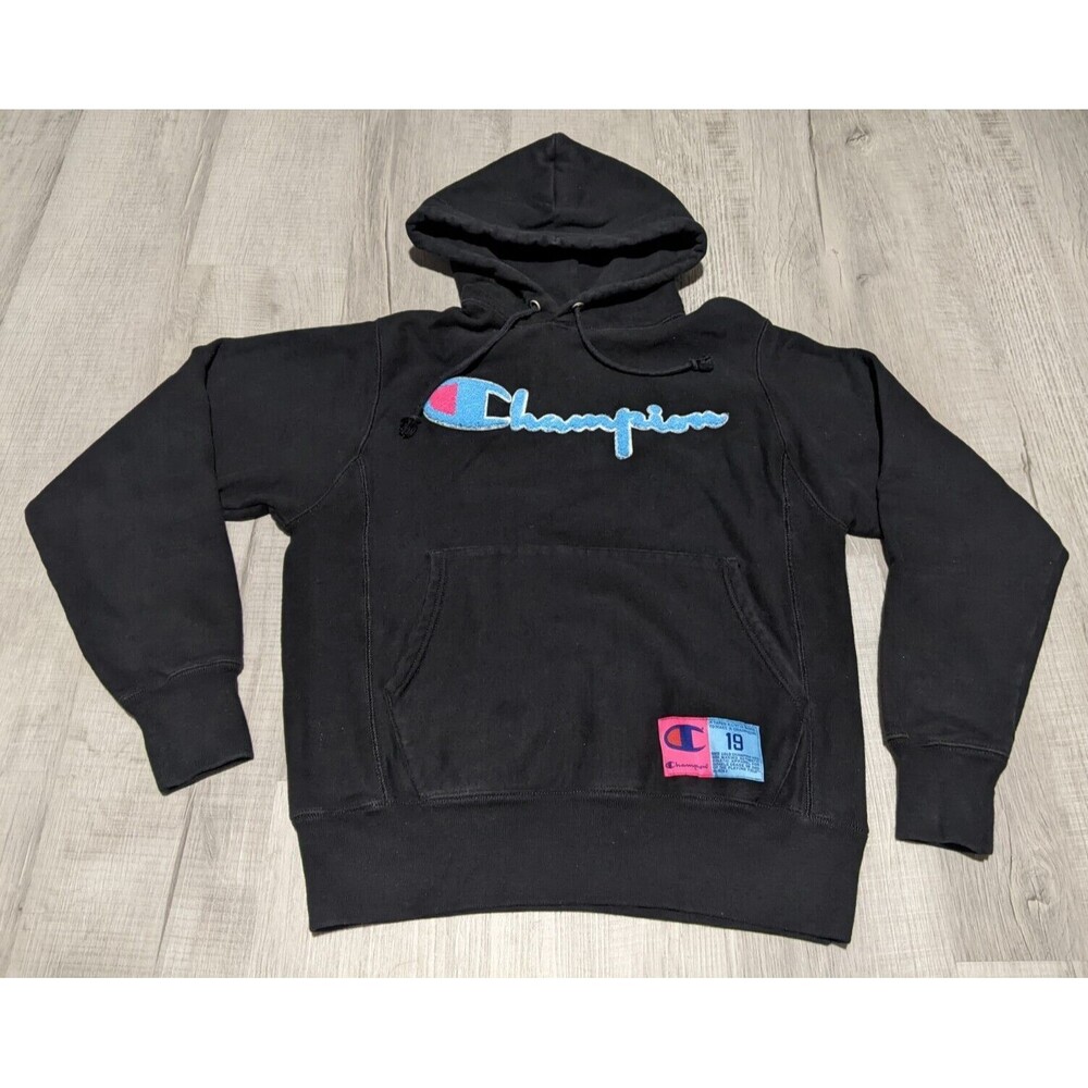 Men's Champion Reverse Weave Embossed Black Pink Blue Hoodie Sz Small